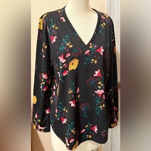 Ann Taylor Floral V-Neck Blouse Black with Multicolor Accents Women’s Size Large